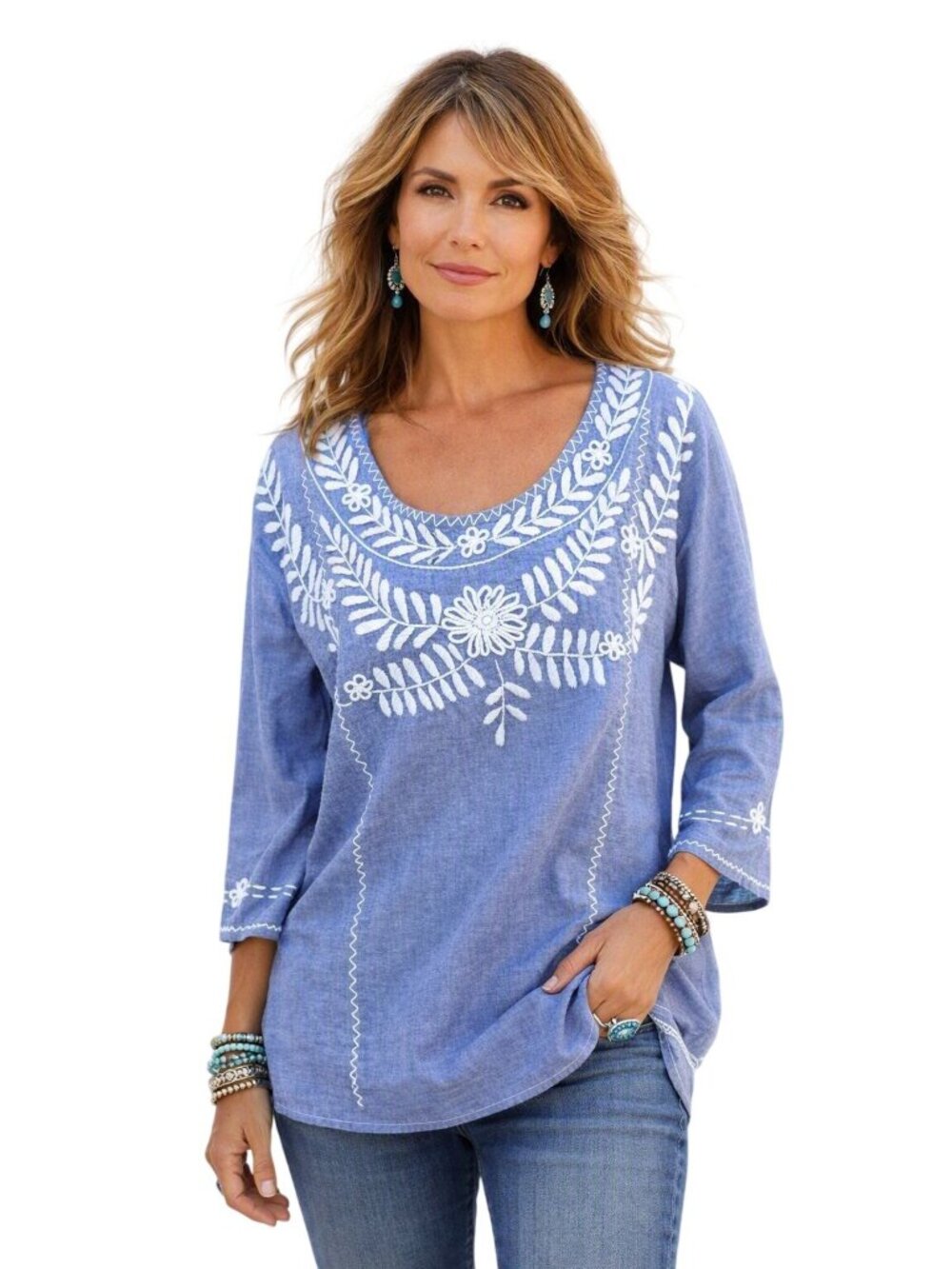 Embroidered Blue Cotton Boho Blouse Floral Embroidery Cottage Core Womens L Top